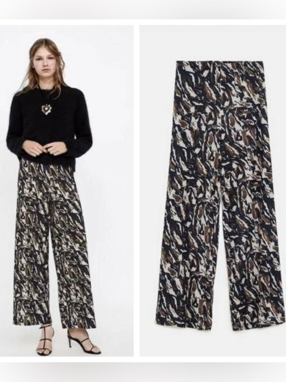 Zara Camo Palazzo Wide-Leg Printed Pants